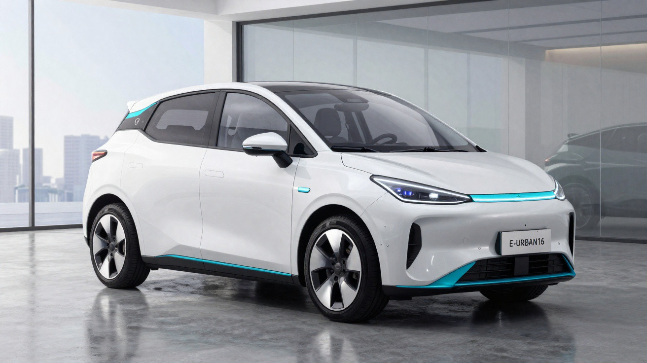 Weißes Elektroauto im modernen Design steht in hellem Raum mit großen Fenstern und Stadtblick