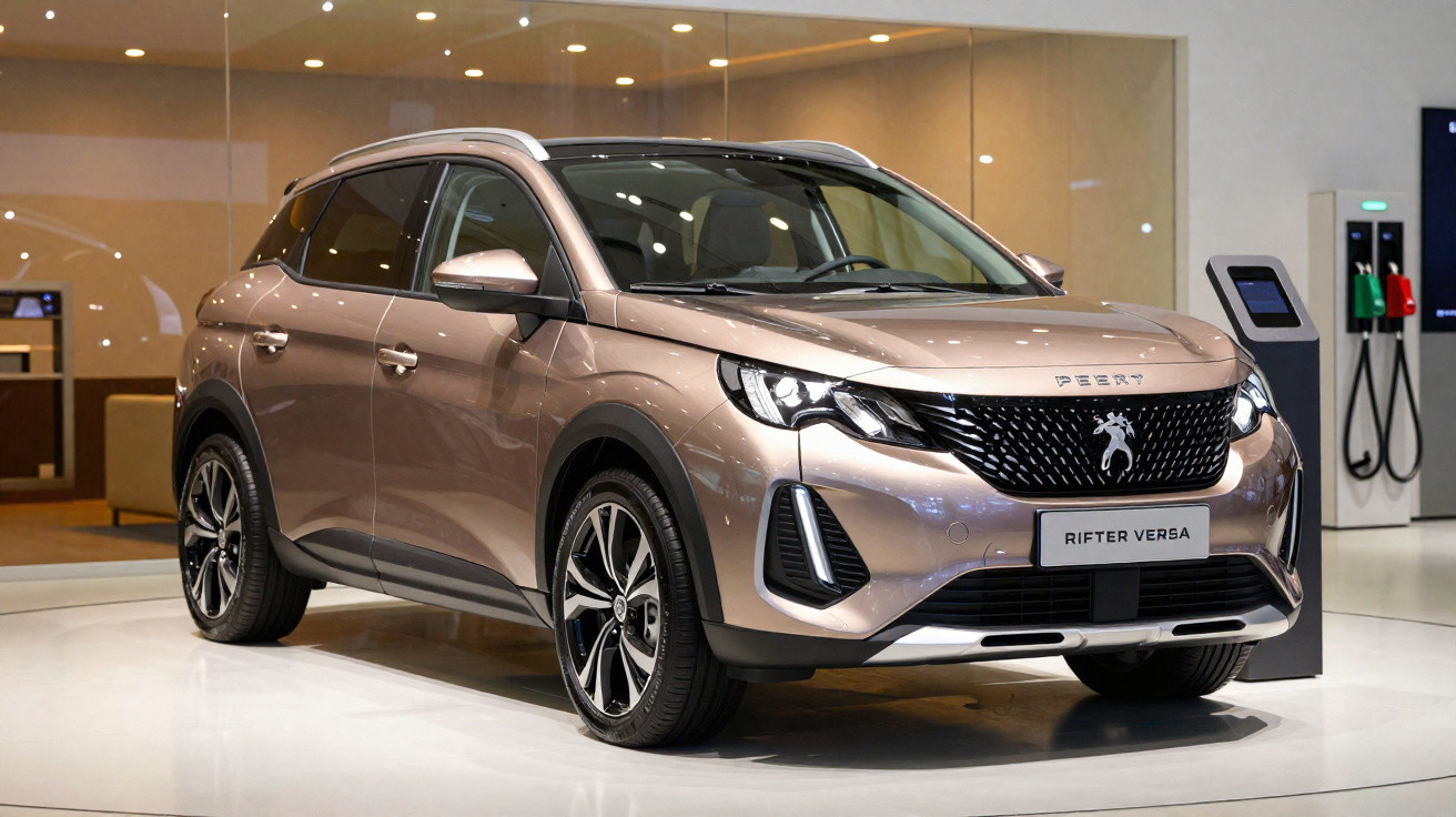 Peugeot Rifter Versa SUV in Metallic-Roségold, auf weißem Podest in modernem Ausstellungsraum.