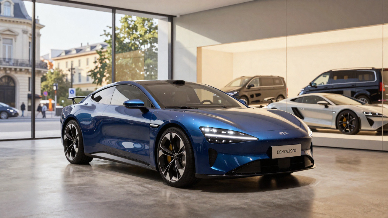 Blauer sportlicher Elektroauto Denza 9 GT in modernem Showroom mit großen Fenstern und anderem Fahrzeug im Hintergrund.