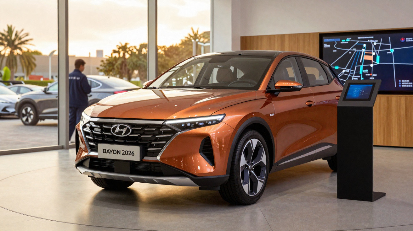 Hyundai Bayon 2026 in Orange auf Ausstellungsfläche mit digitalem Informationsdisplay im Hintergrund.