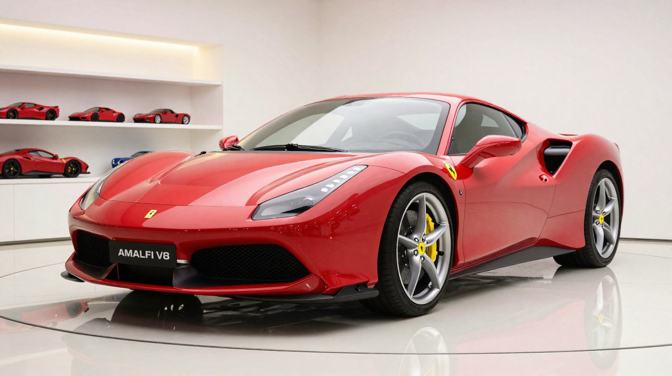 Roter Ferrari Sportwagen auf drehbarer Präsentationsplattform im weißen Innenraum mit Modellautos im Hintergrund.