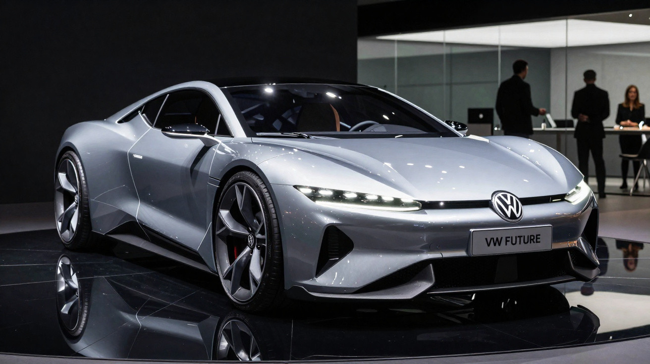 Silberner Volkswagen Sportwagen mit futuristischem Design auf glänzendem Messestand vor schwarzem Hintergrund.