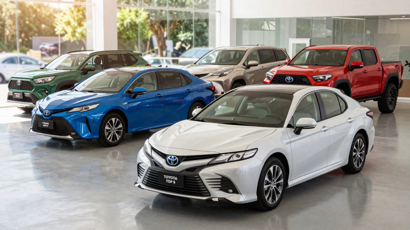 Mehrere Toyota-Modelle in einem hellen Autohaus, darunter Limousinen und SUVs in verschiedenen Farben.