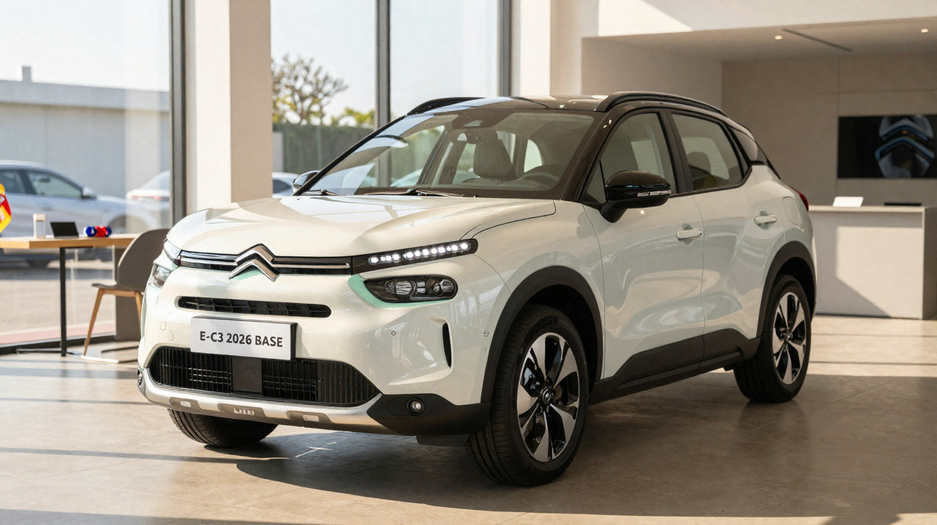 Weißer Citroën E-C3 2026 BASE Elektro-SUV in modern gestaltetem Autohaus bei Tageslicht.