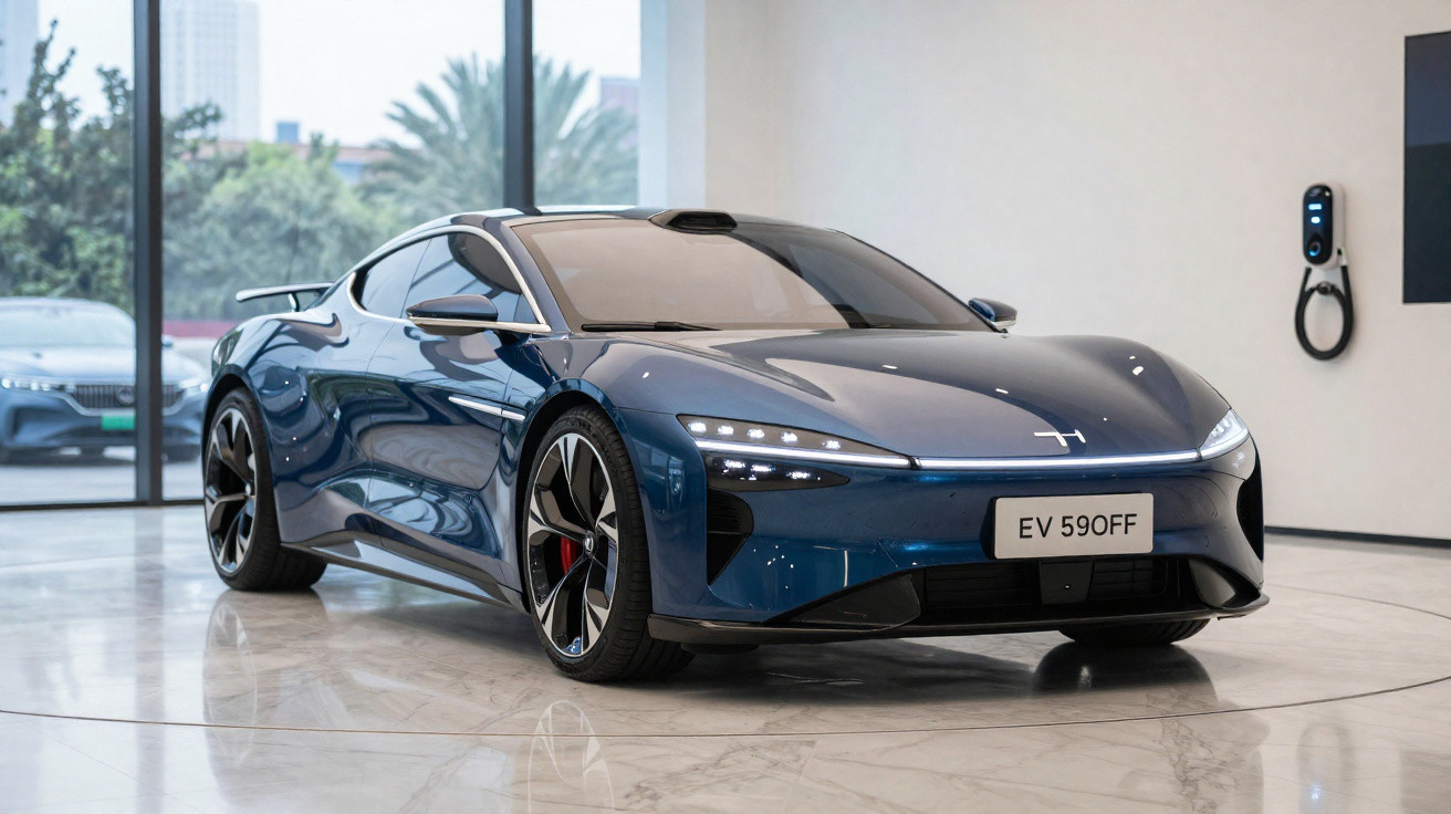 Blauer Elektro-Sportwagen in modernem Showroom vor Ladestation an Wand, glänzender Marmorboden.