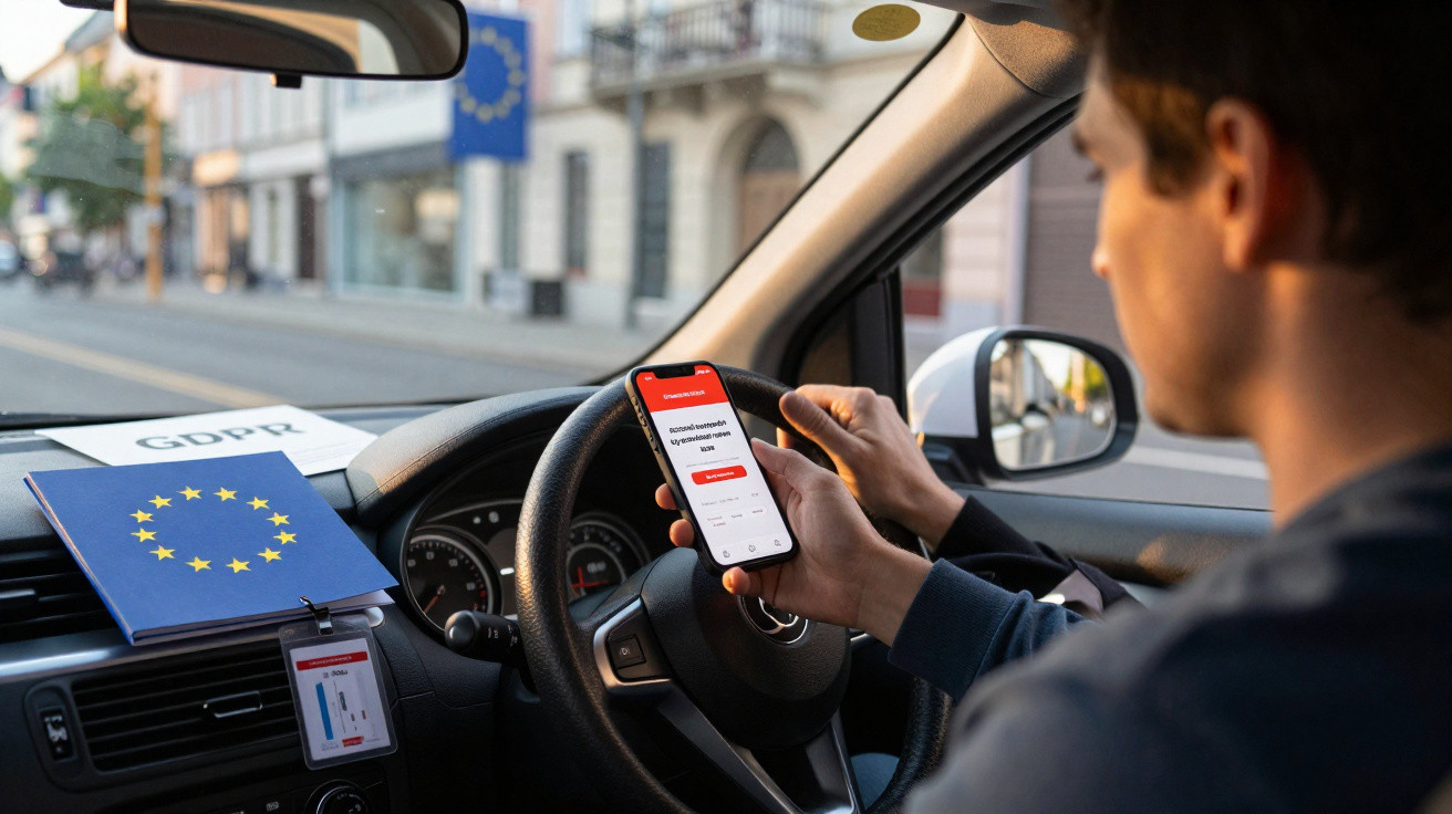 Person sitzt im Auto und nutzt Smartphone, auf Armaturenbrett ein Ordner mit EU-Flagge und Aufschrift „GDPR“