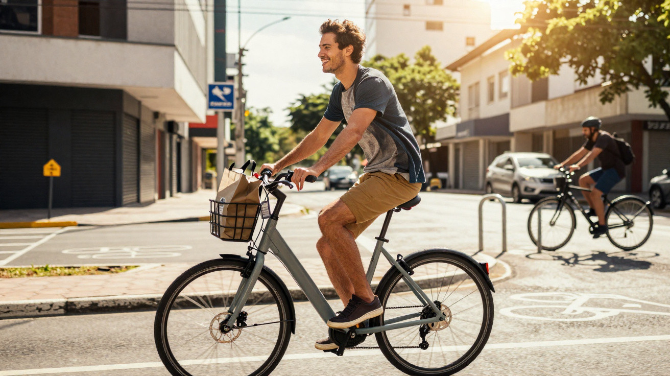 Mann fährt lächelnd mit Fahrrad und Einkaufstaschen im Korb durch sonnige Stadtstraße.
