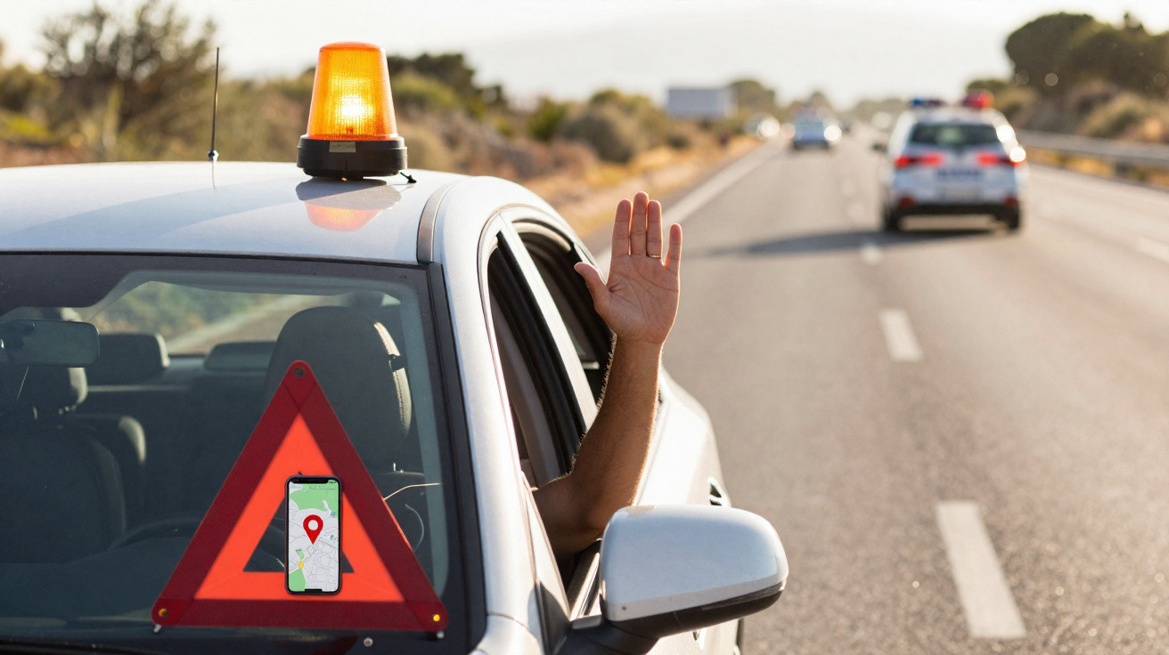 Auto mit Warnblinker am Straßenrand, Arm winkt aus dem Fenster, weitere Fahrzeuge auf der Autobahn sichtbar.