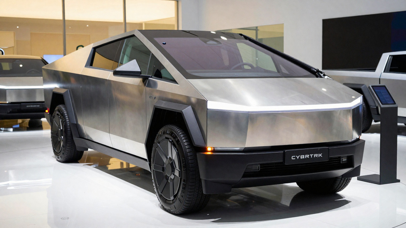 Silberner Tesla Cybertruck mit kantigem Design und LED-Lichtleiste auf weißem Messestand