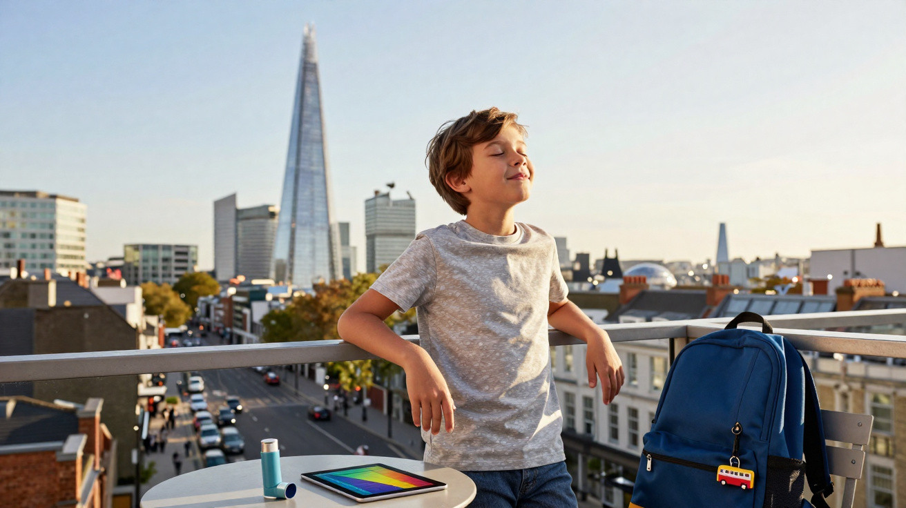 Junge atmet auf einem Balkon mit Stadtblick, neben Tisch mit Inhalator und Tablet mit Regenbogen-Display.