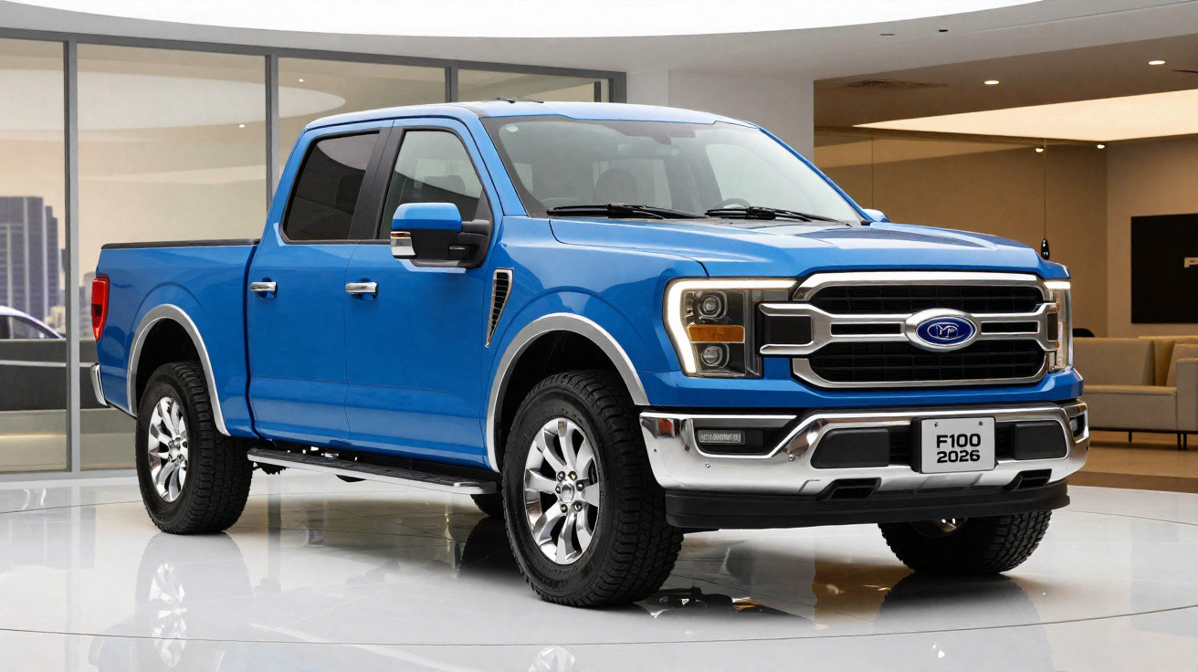 Blauer Ford F-150 Pickup im modernen Showroom mit Glasfenstern und heller Inneneinrichtung.