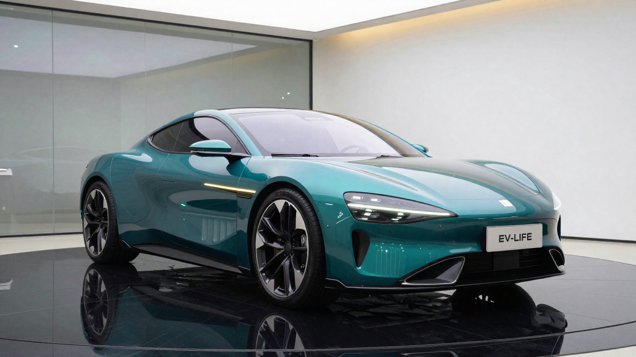 Eleganter grüner Elektro-Sportwagen EV-LIFE auf drehbarer Präsentationsfläche in modernem Ausstellungsraum.