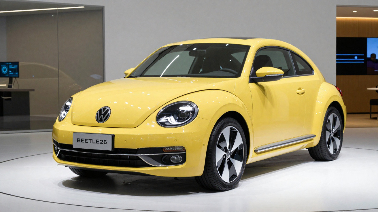 Gelber Volkswagen Beetle auf weißem Podest in moderner Ausstellungshalle, Frontansicht leicht seitlich.