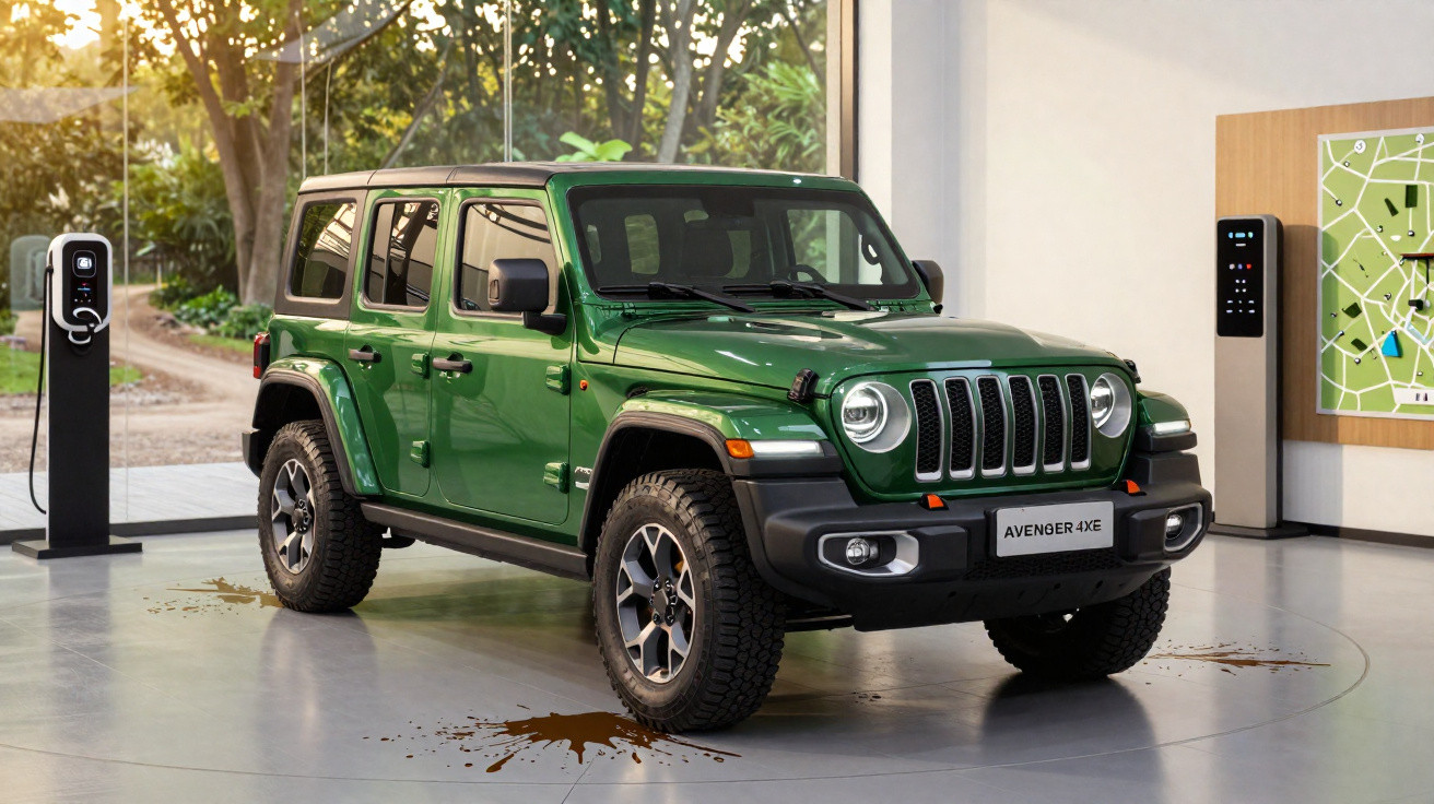 Grüner Jeep Avenger 4XE Elektro-SUV steht in moderner Ladestation mit Schlammspritzern auf dem Boden.