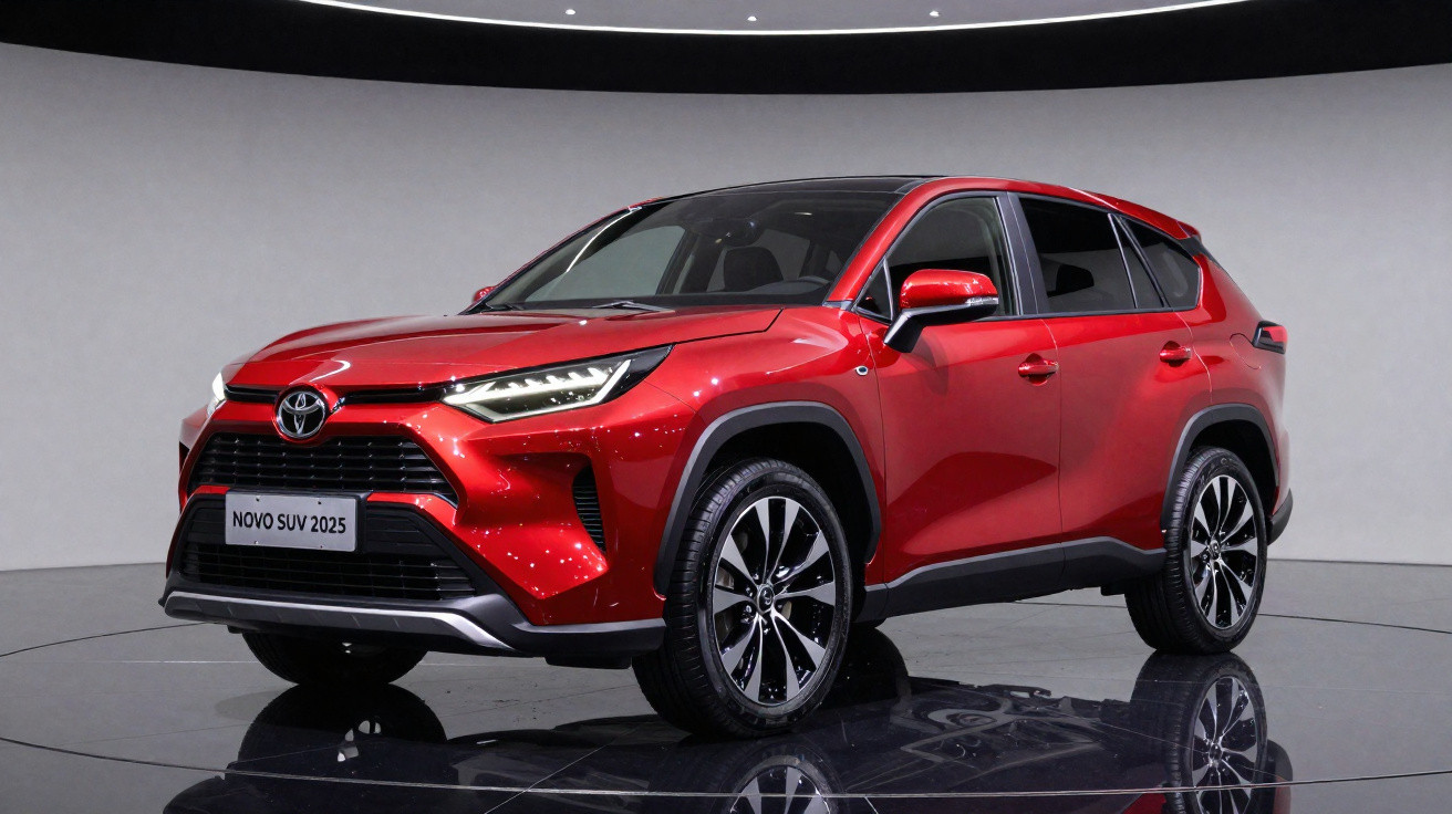 Roter Toyota SUV 2025 mit schwarzem Dach auf spiegelnder Ausstellungsfläche in modernem Studio.