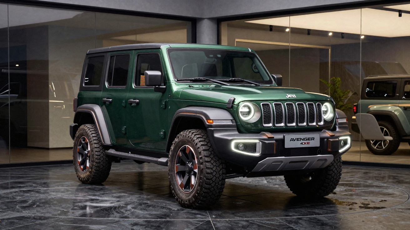 Grüner Jeep Avenger 4XE SUV in einem modernen Ausstellungsraum mit reflektierendem Boden und Spiegelung.
