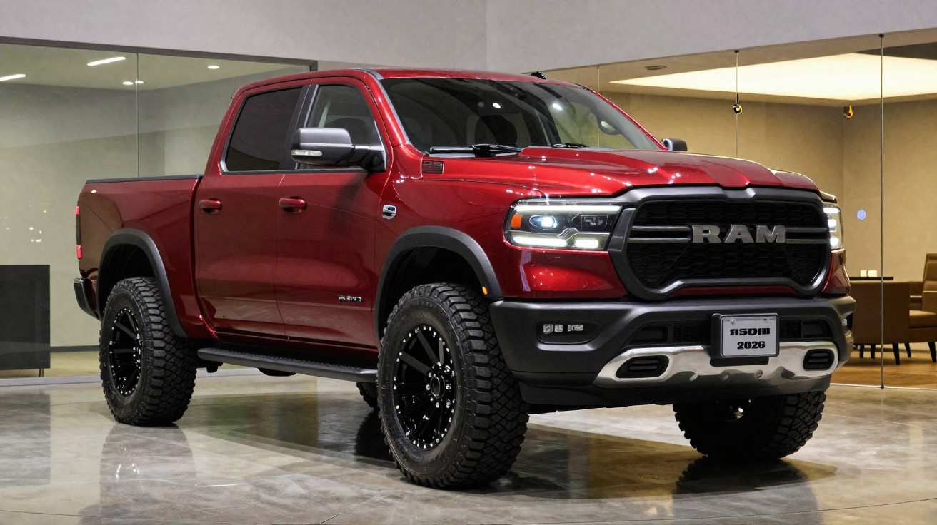 Roter RAM Pickup-Truck mit großen Offroad-Reifen in einem modernen Ausstellungsraum.