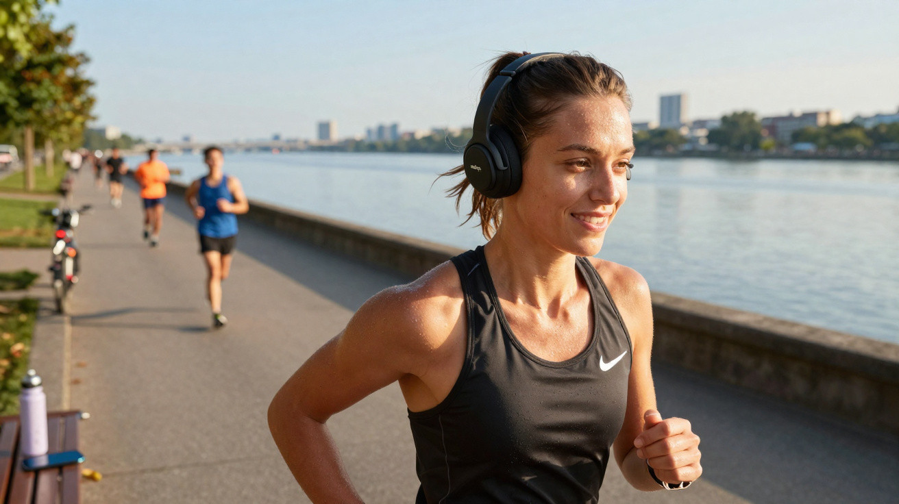 Frau joggt mit Kopfhörern an einem sonnigen Flussufer-Parkweg in Sportkleidung.