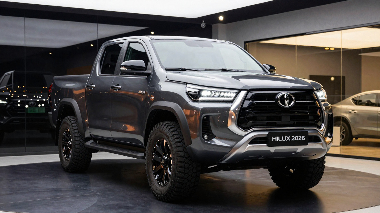 Grau-metallic Toyota Hilux 2026 Pick-up mit LED-Scheinwerfern in modernem Ausstellungsraum.