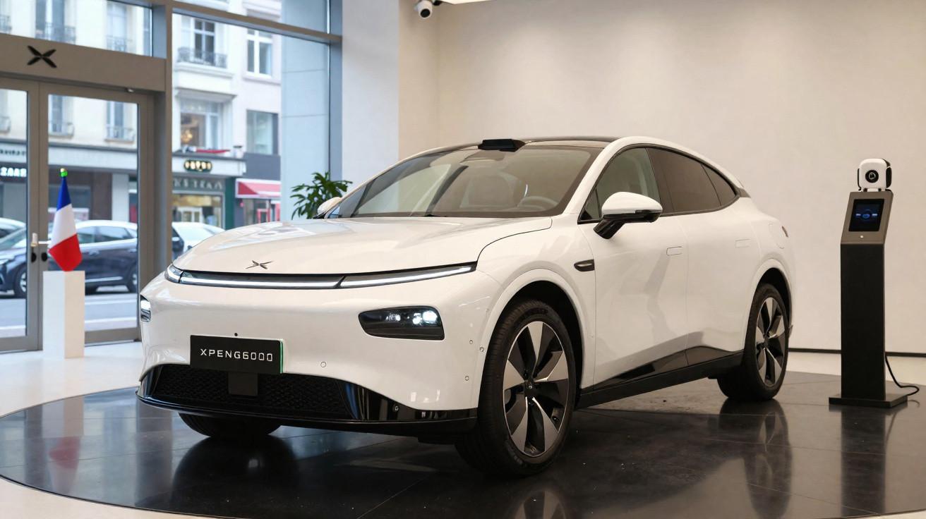 Weißes Elektroauto XPeng G6000 in modernem Ausstellungsraum mit französischer Flagge im Hintergrund