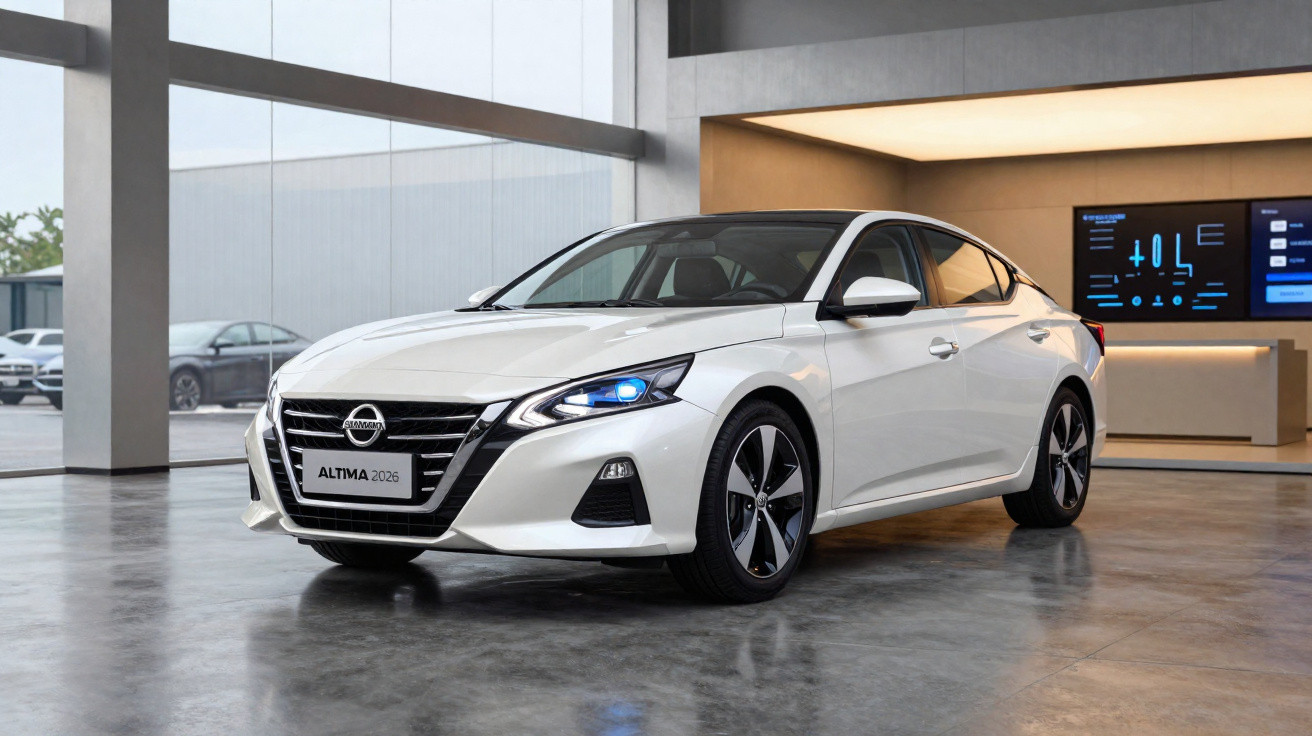 Weißer Nissan Altima 2026 in moderner Ausstellungshalle bei Tageslicht mit leuchtendem Scheinwerfer.