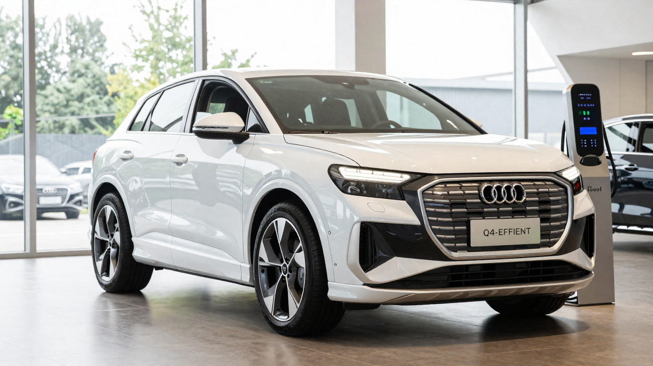 Weißer Audi Q4 E-Tron Elektro-SUV im Verkaufsraum neben Ladestation.