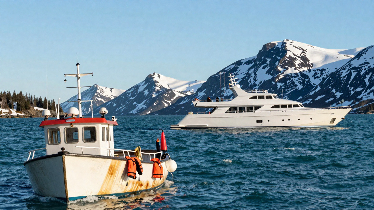 Zwei Boote auf blauem Wasser vor schneebedeckten Bergen unter klarem Himmel.