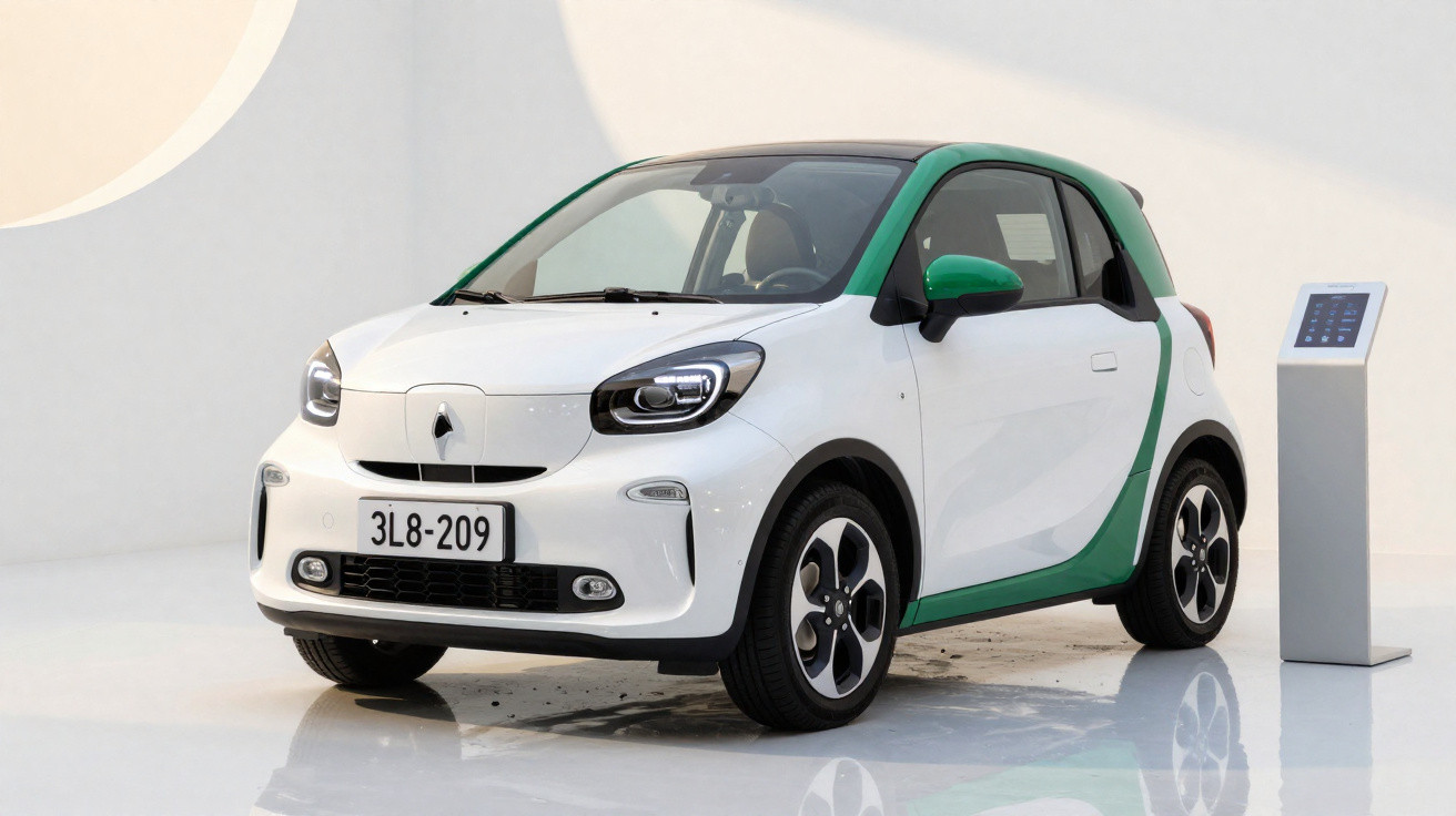 Kleiner weiß-grüner Elektro-Kleinwagen vor weißem Hintergrund mit Ladestation daneben.