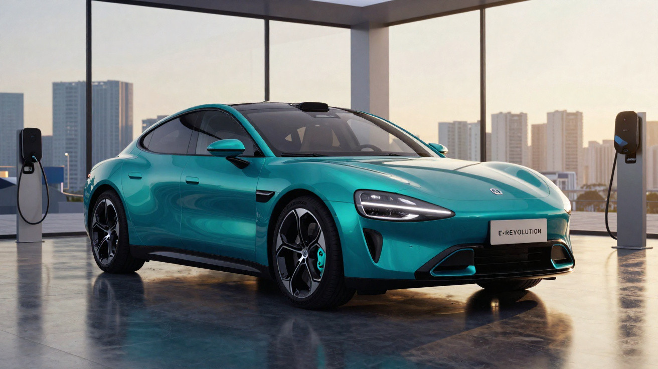 Türkisfarbener Elektro-Sportwagen „E-Revolution“ an Ladestationen in modernem Stadtgebäude bei Sonnenuntergang.