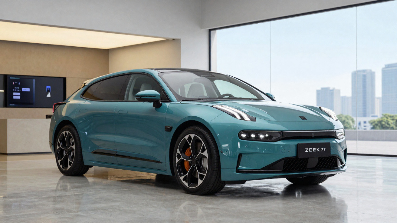 Blauer ZEEKR 001 Elektro-Sportwagen in modernem Showroom vor großer Fensterfront mit Städtesilhouette.