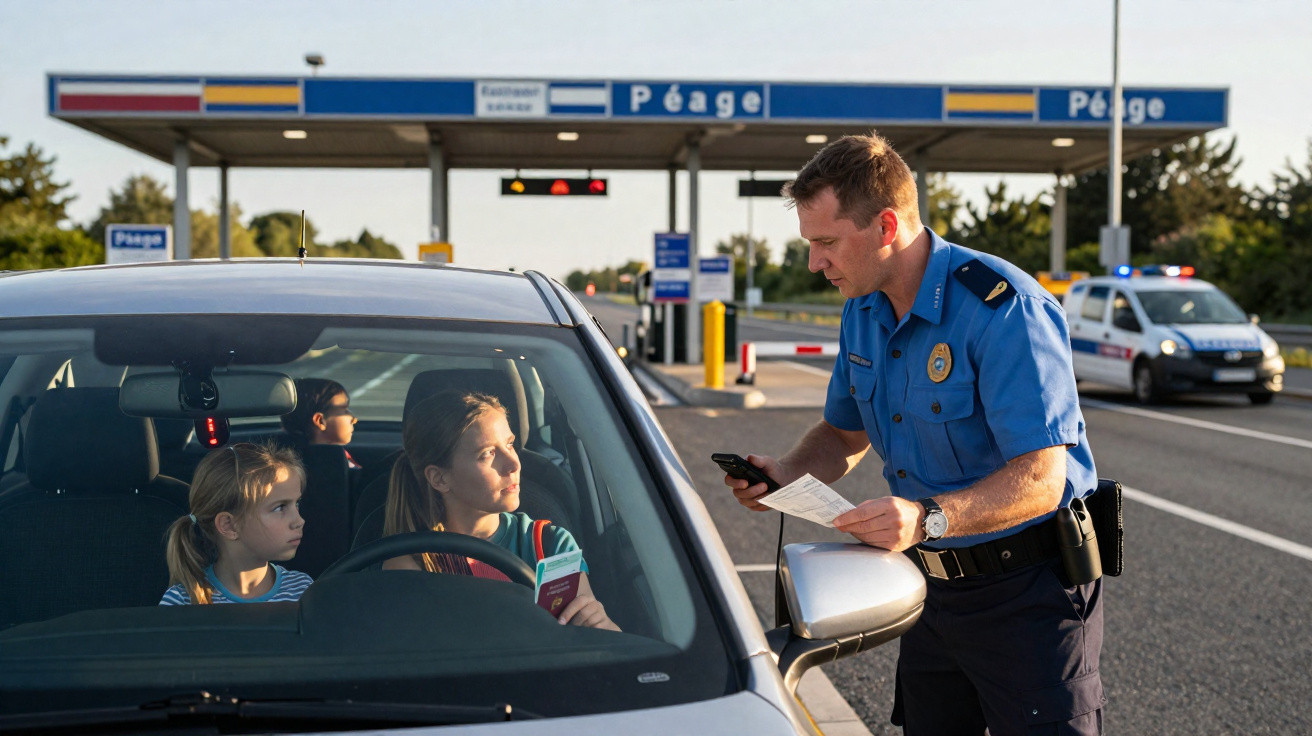 Polizist überprüft Ausweis einer Frau im Auto mit zwei Kindern an einer Mautstelle.
