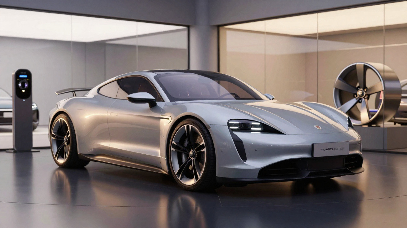 Silberner Porsche Taycan, Elektro-Sportwagen, stehend in modernem Showroom mit Ladestation und großem Rad im Hintergrund.