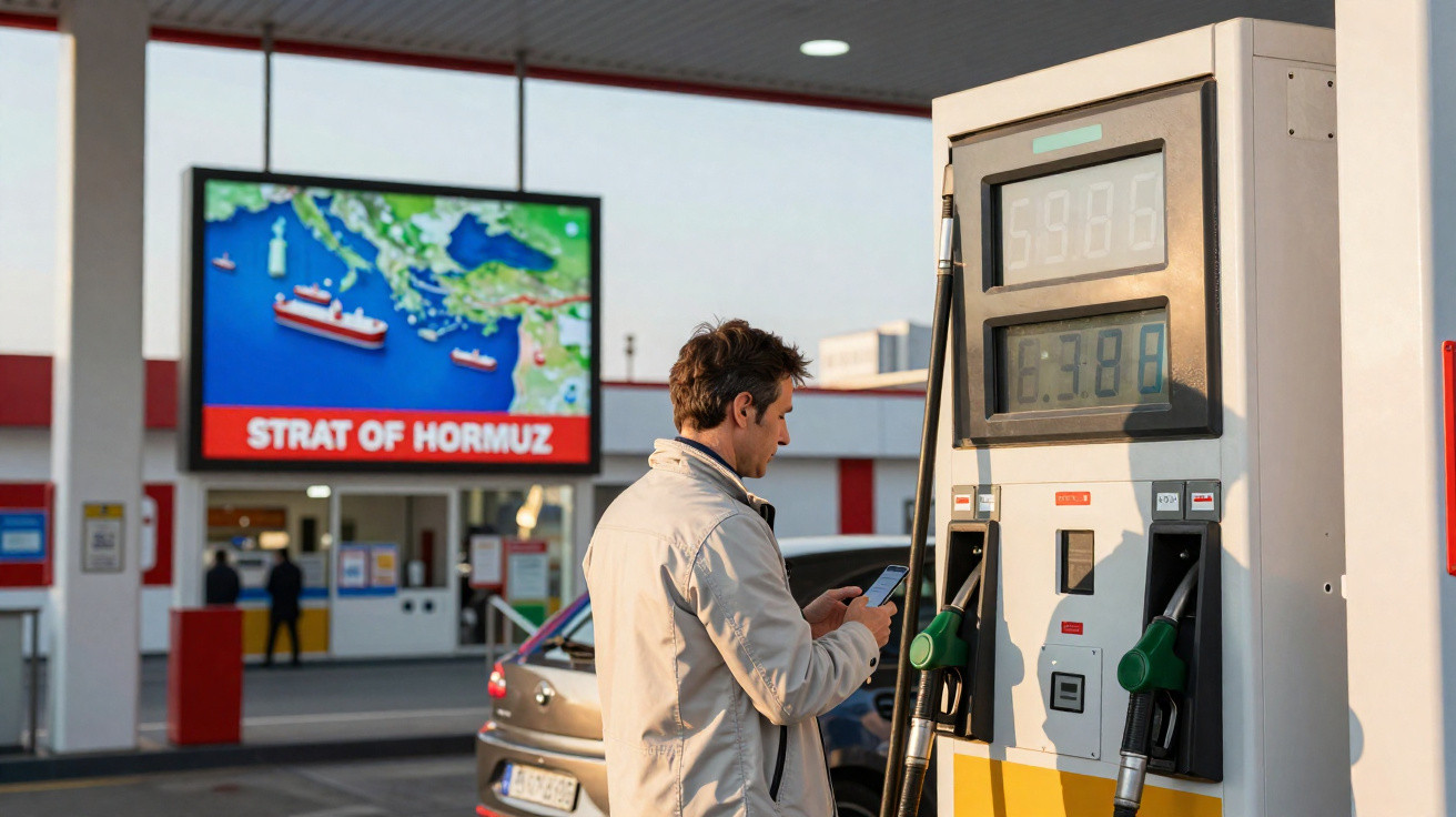 Mann mit Handy an Zapfsäule einer Tankstelle, im Hintergrund Anzeigetafel mit Karte und Text "Strat of Hormuz".