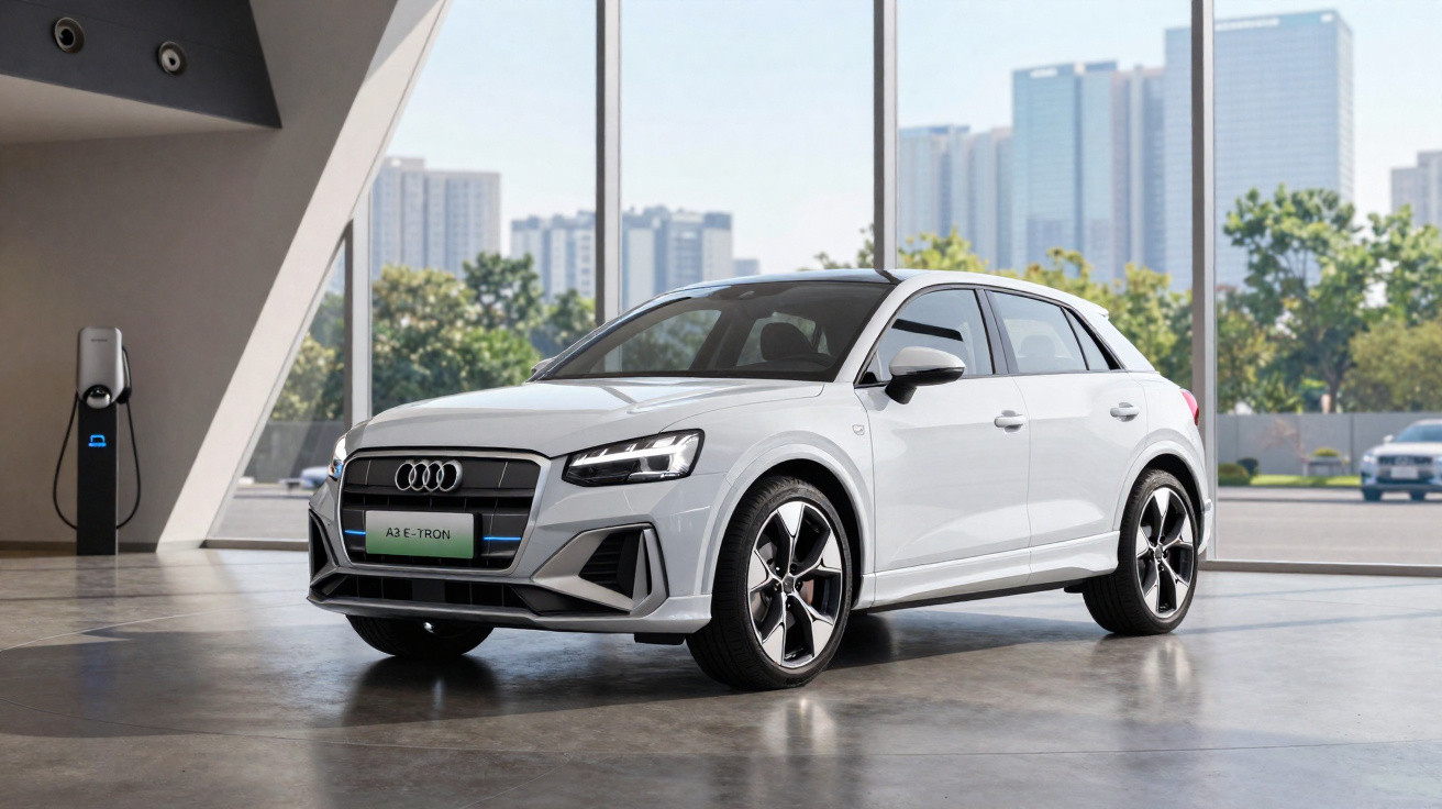 Weißer Audi A3 E-Tron Elektroauto in einem modernen Ausstellungsraum mit Ladestation und Stadtblick im Hintergrund.