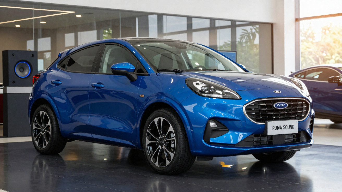 Blauer Ford Puma SUV in einem hellen Showroom mit großen Fenstern und moderner Beleuchtung.