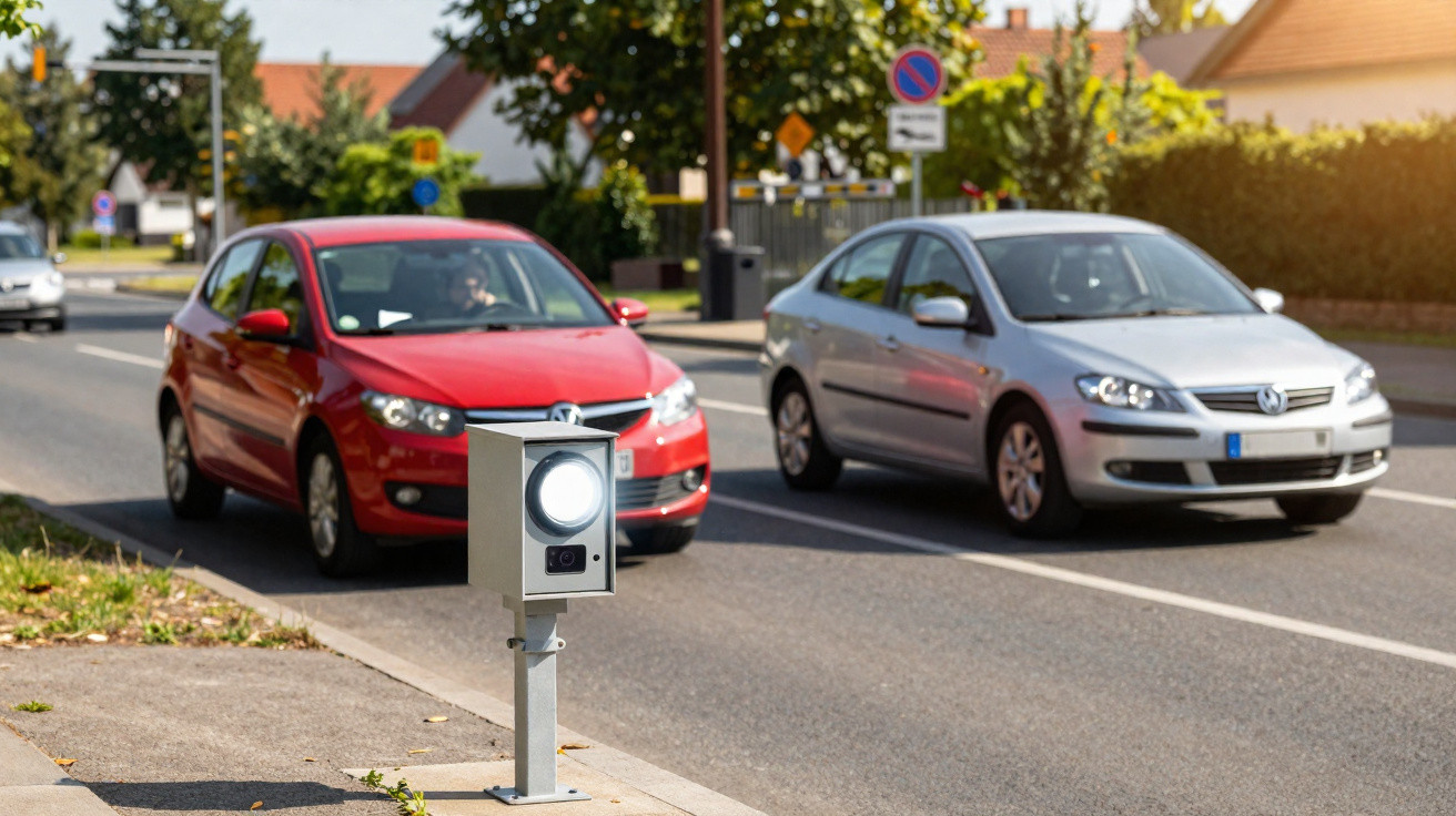 Geschwindigkeitsmessgerät an einer Straße mit zwei vorbeifahrenden Autos in einem Wohngebiet.
