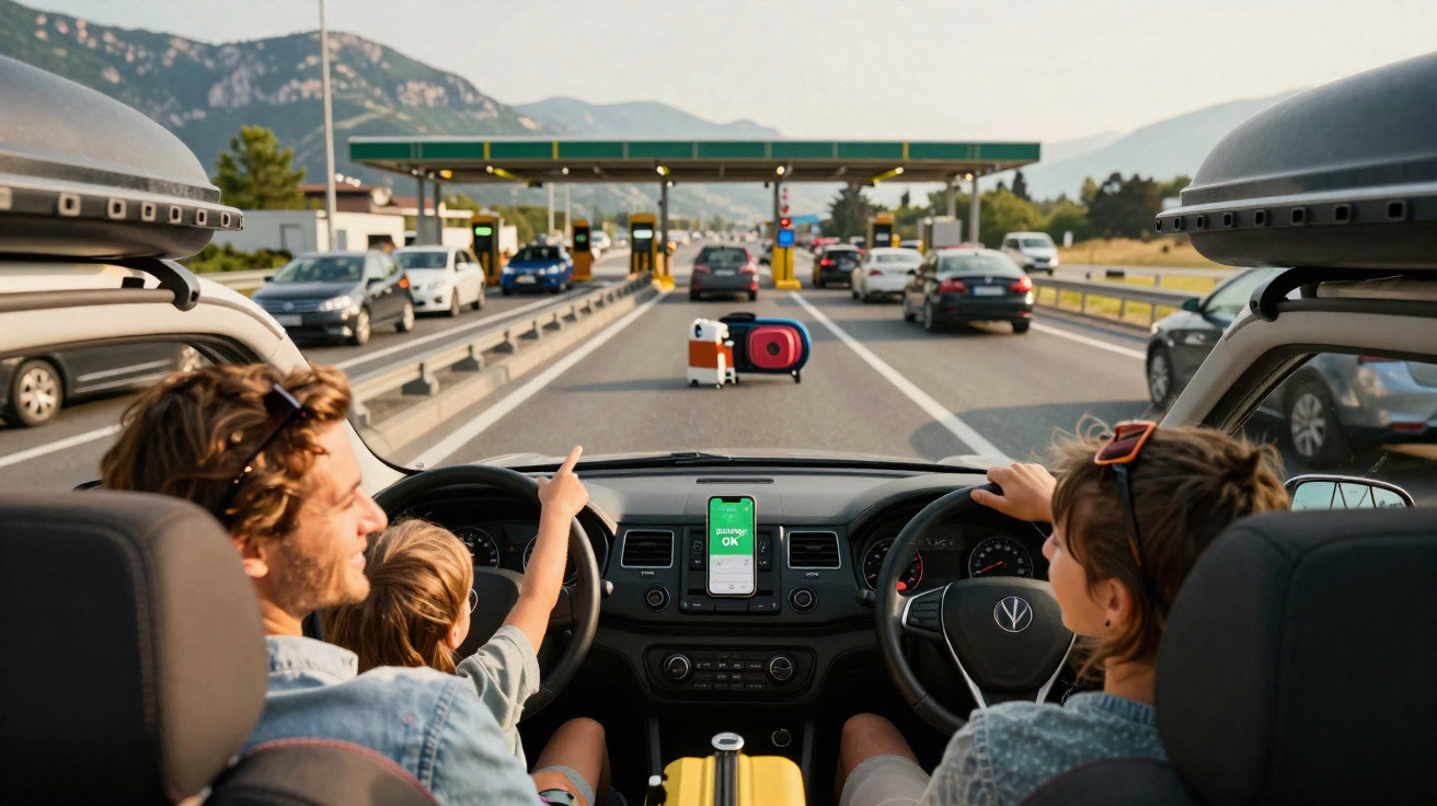 Familie im Auto nähert sich einer Mautstation auf der Autobahn, Kind zeigt auf die Straße, Koffer auf Rücksitz.