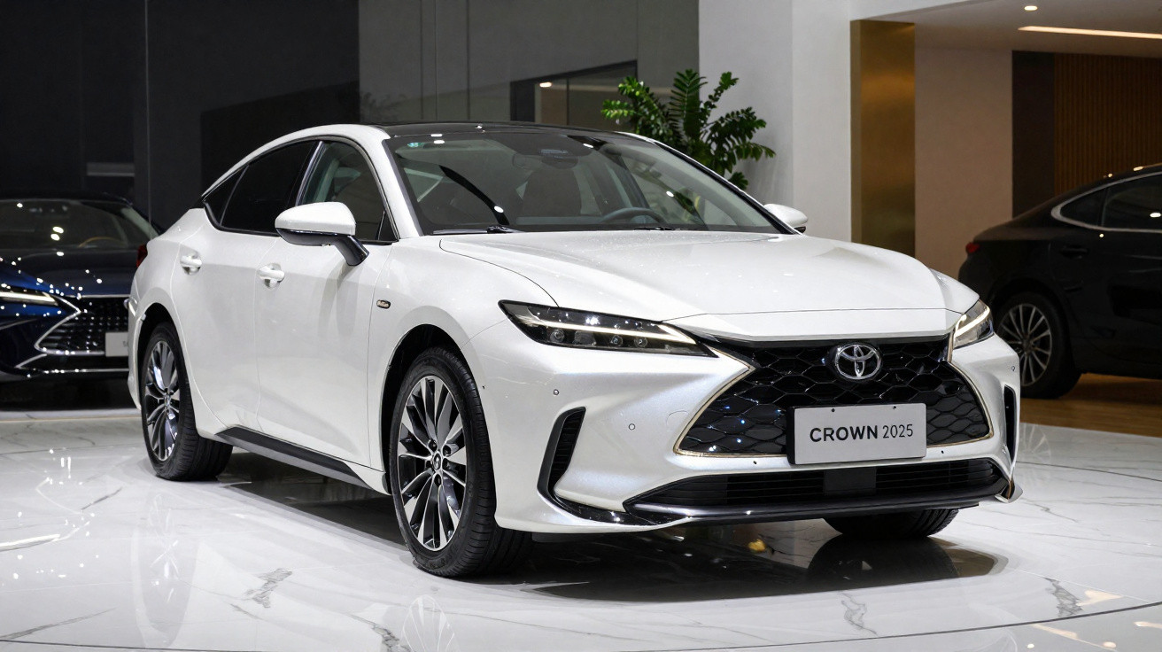 Weißer Toyota Crown 2025 Limousine in moderner Ausstellungshalle auf glänzendem Boden.