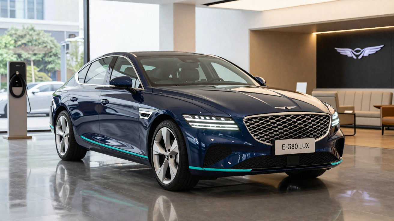 Blauer Genesis E-G80 Lux Elektro-Luxuswagen in modernem Showroom mit Ledersofa und Ladestation.