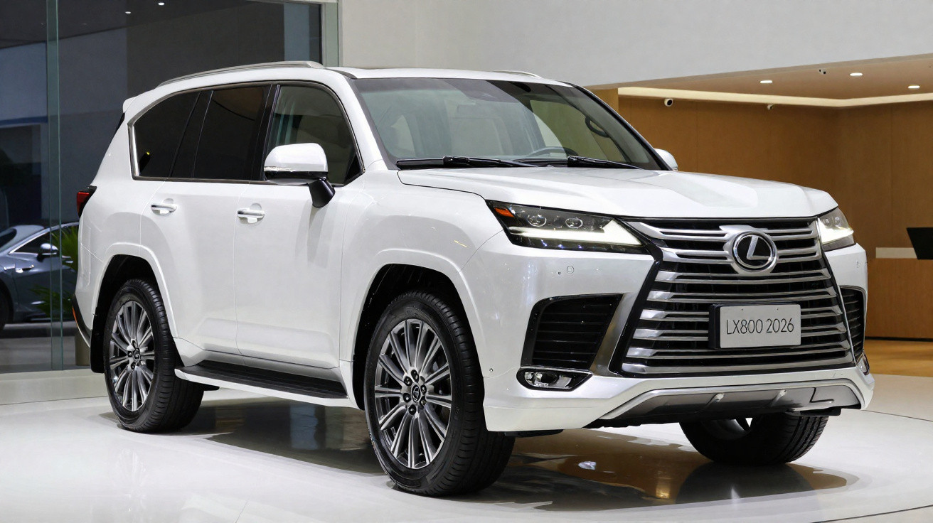 Weißer Lexus LX800 2026 Luxus-SUV in modernem Innenraum, Seitenansicht leicht nach rechts gedreht.