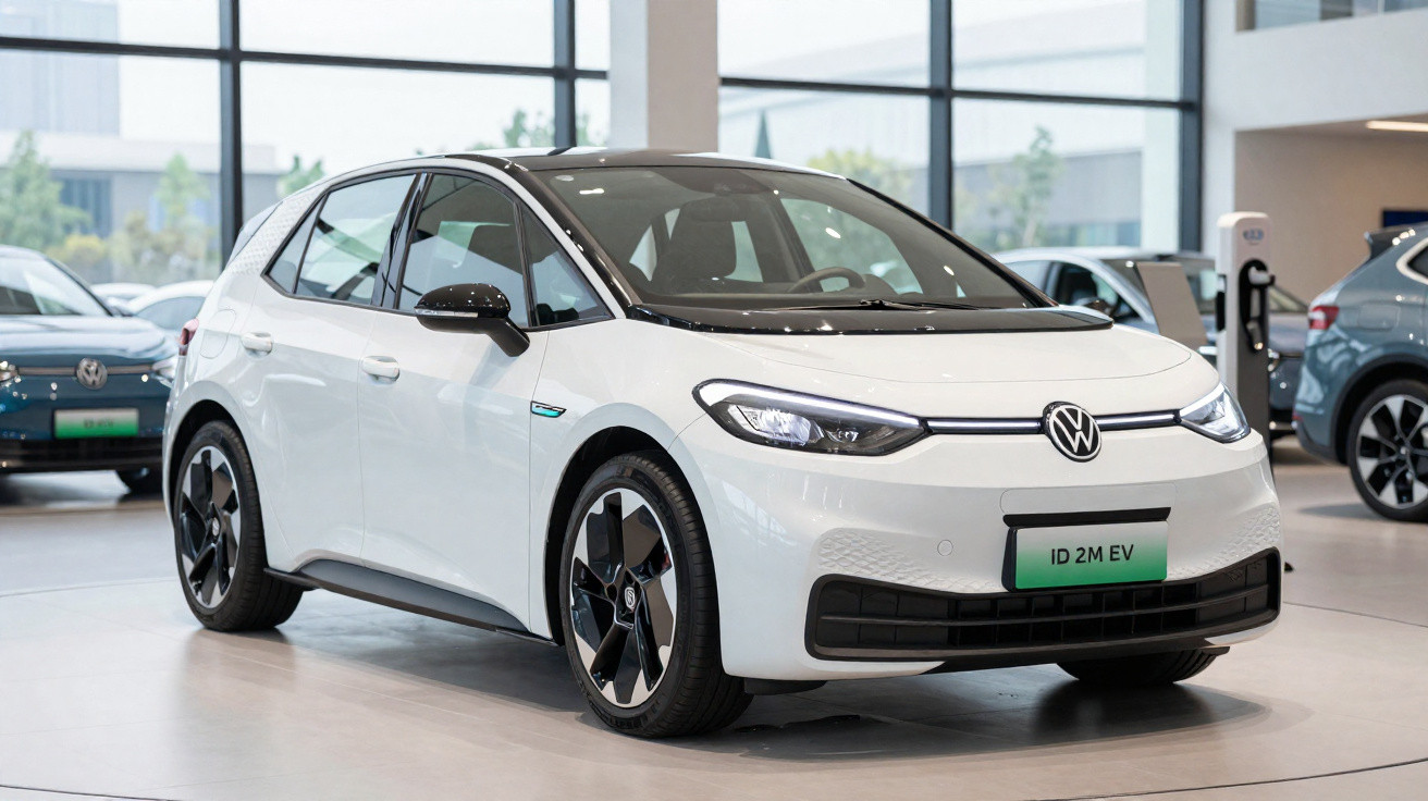 Weißer Volkswagen ID 2 M EV Elektroauto steht in einem hellen Autohaus neben weiteren Fahrzeugen.