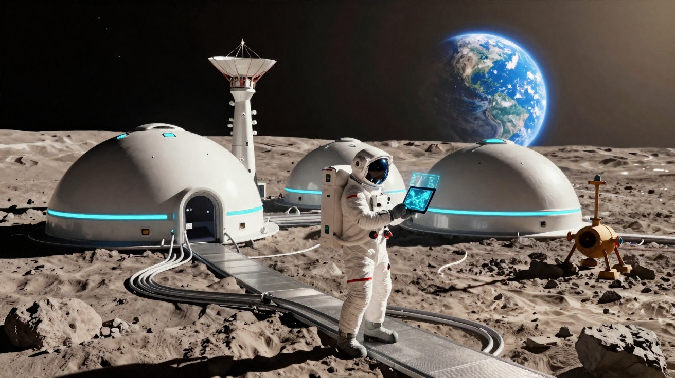 Astronaut mit Tablet vor futuristischer Mondbasis mit Wohnkuppeln und Erde im Hintergrund.