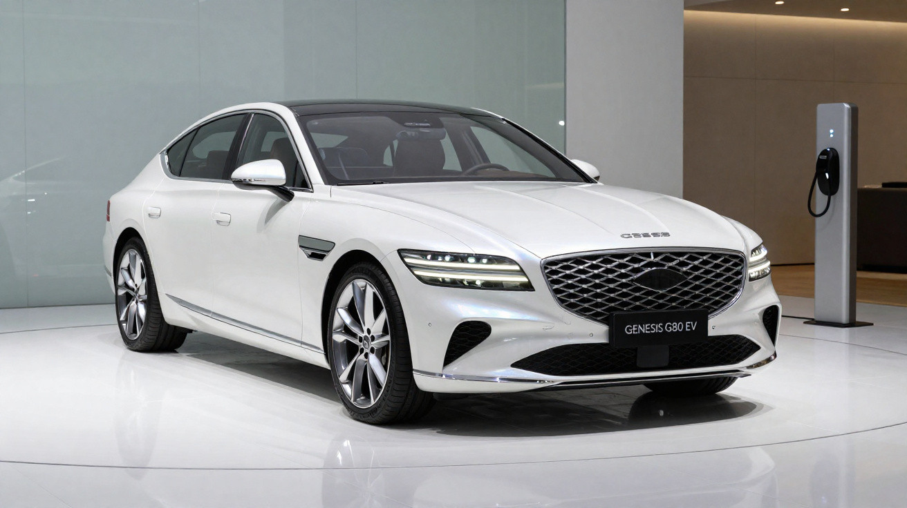Weißer Genesis G80 EV Elektro-Luxuslimousine vor Ladestation in modernem Ausstellungsraum.