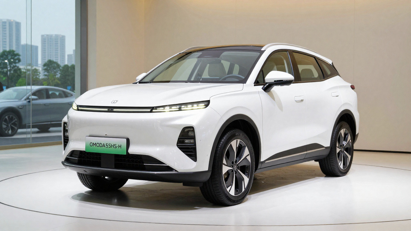 Weißer moderner SUV steht in einem hellen Ausstellungsraum mit großen Fenstern und Stadtblick.