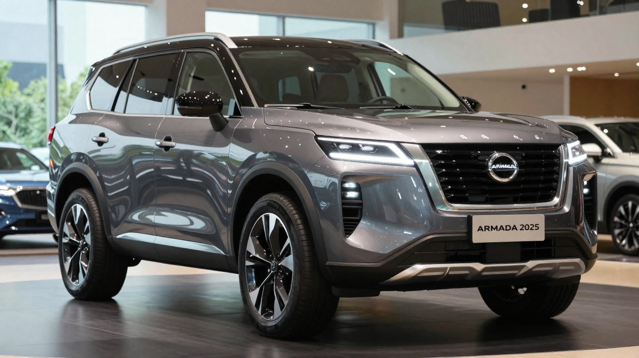 Silberner Nissan Armada 2025 SUV im Autohaus mit moderner Beleuchtung und großen Rädern.