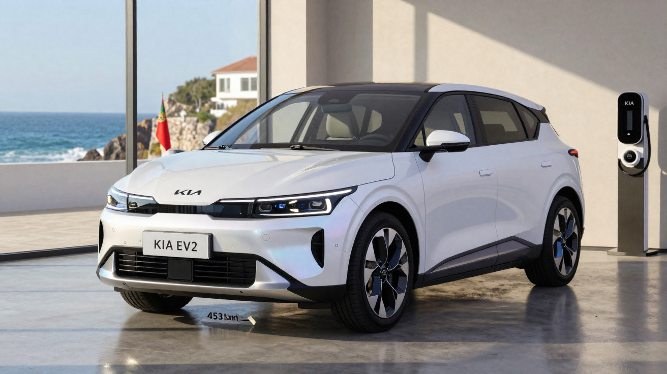 Weißer KIA EV2 Elektro-SUV in modernem Showroom neben Ladestation und Meerblick.