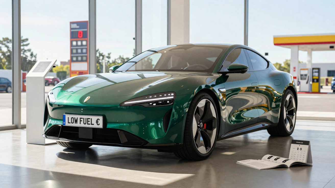 Grünes Elektroauto mit deutschem Kennzeichen "LOW FUEL €" in heller Ausstellungshalle neben Benzinpreise-Anzeige.