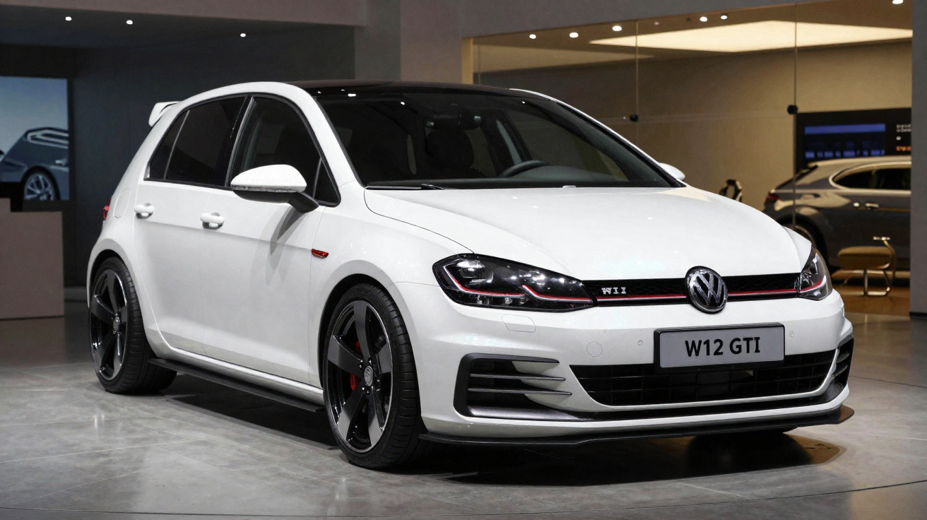 Weißer Volkswagen Golf GTI W12 mit schwarzem Dach und Sportfelgen in Innenraumbeleuchtung.