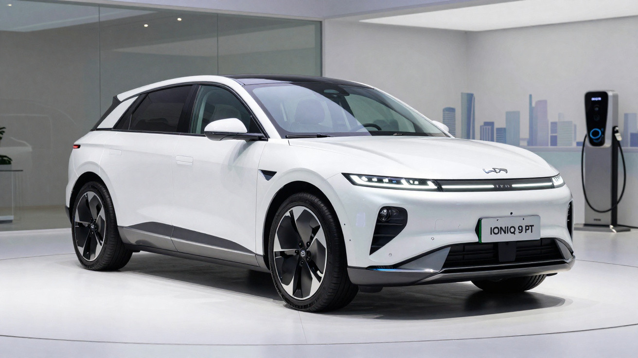 Weißer Hyundai Ioniq 9 Elektro-SUV in einem modernen Showroom mit Ladestation im Hintergrund.