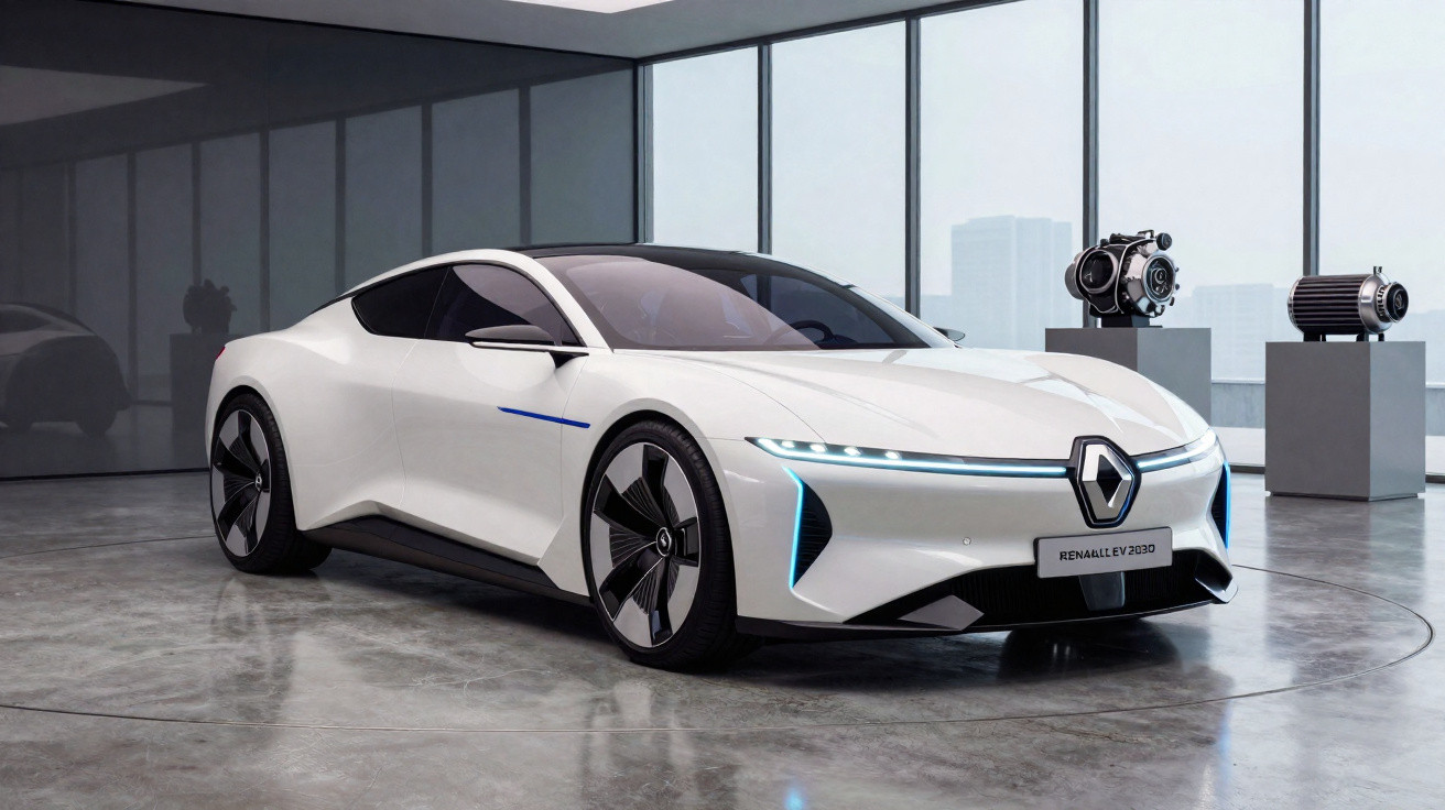 Weißes Renault Elektroauto mit modernem Design in einem Ausstellungsraum mit großen Fenstern.